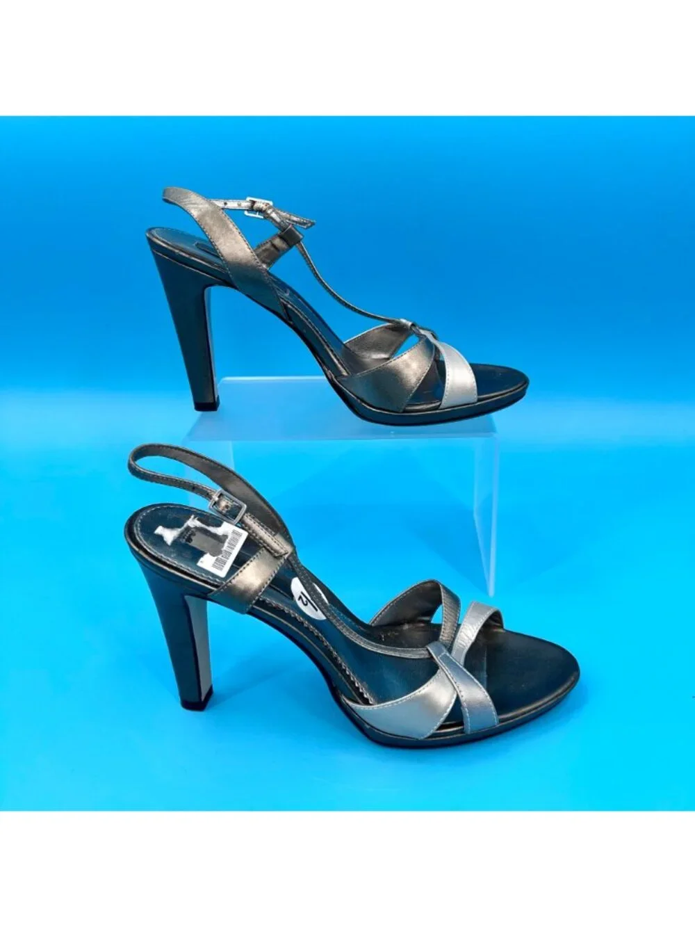 NWT BANDOLINO BDZOHRA METALLIC PEWTER & SILVER LEATHER STRAPPY SANDALS  - 7.5M
